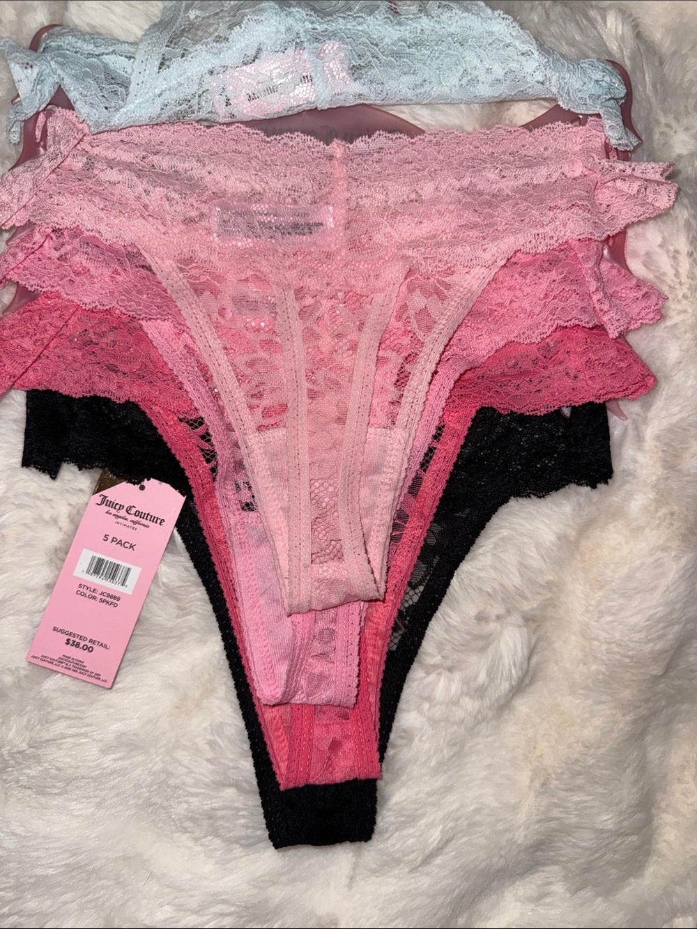 5 pack Juicy Couture Lace Thong Pack in Black and Pink Shades - Picture 4 of 7